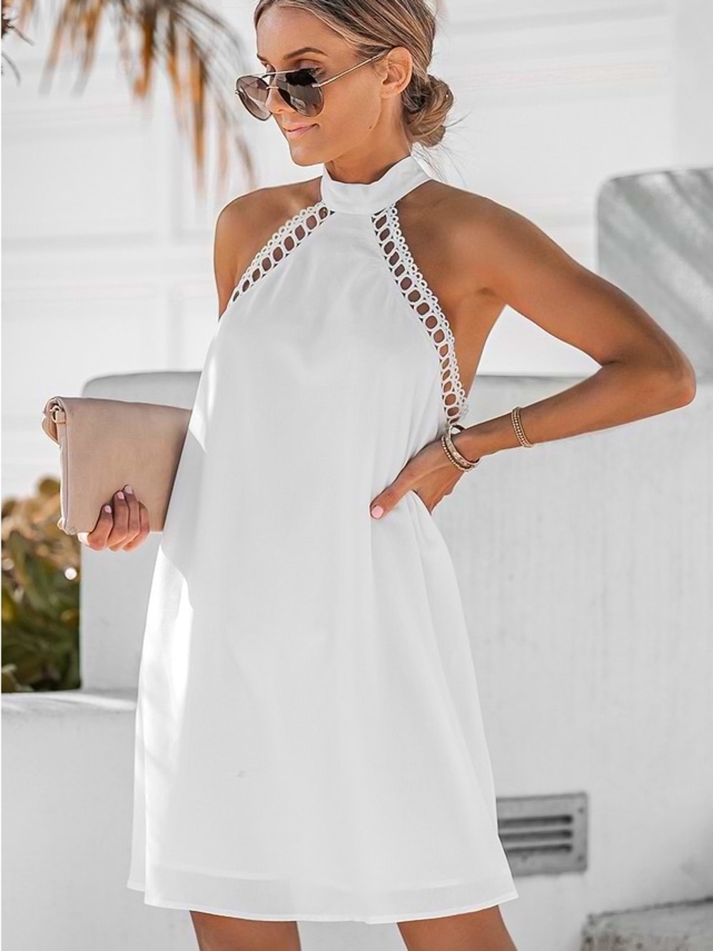 Cupshe White Halter Tie-Back Lace Trim Sundress - Picture 8 of 9